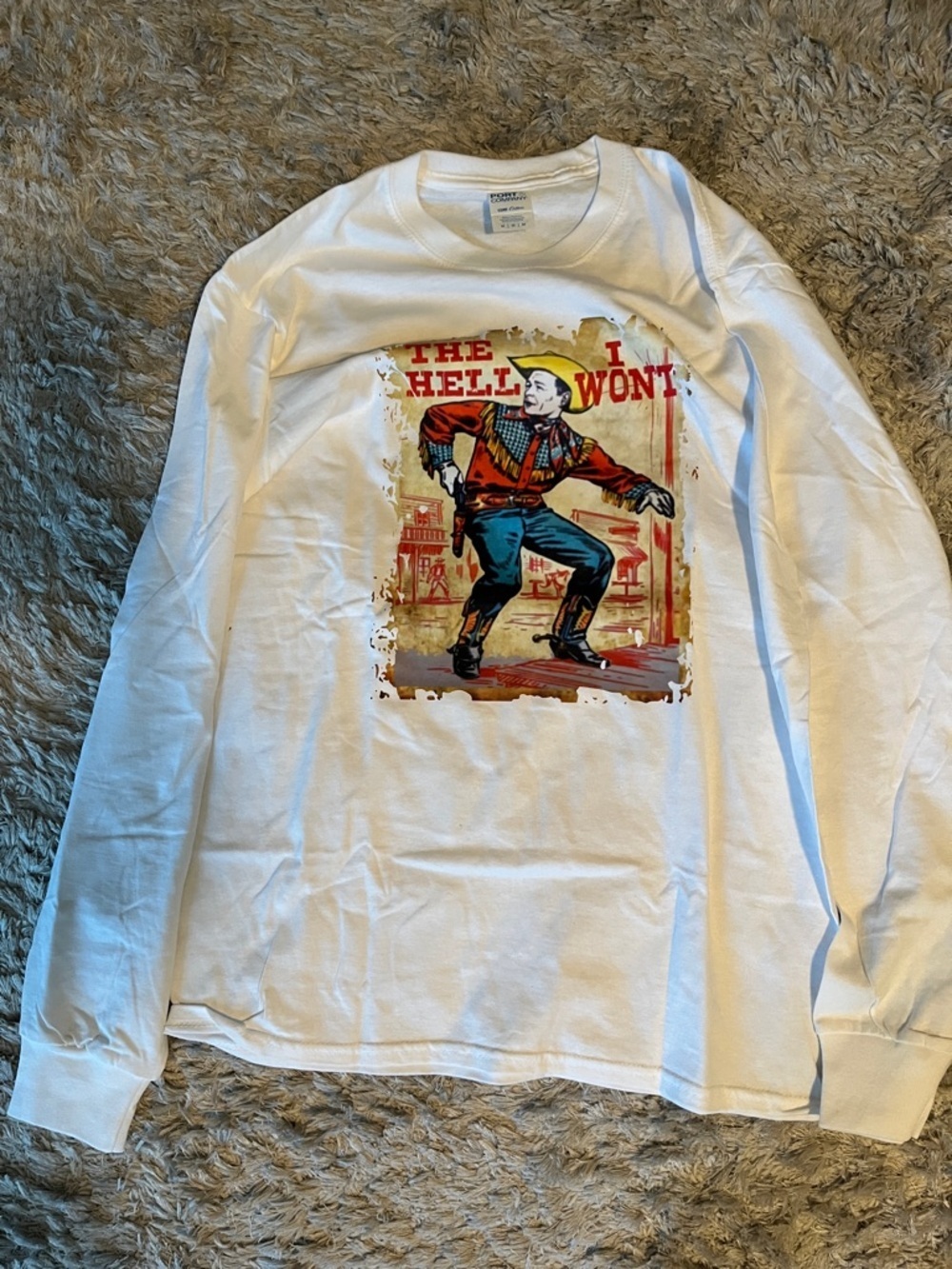 Graphic Long-Sleeve Shirt with Retro Cowboy Print " The Hell I Won't " Size M